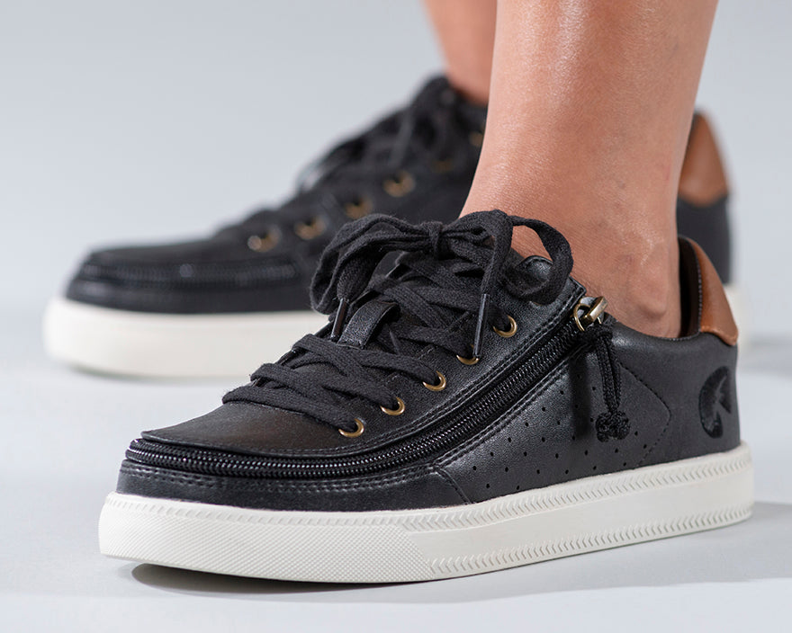 Women's Black (Brown Mustache) BILLY Low Sneakers, zipper shoes, like velcro, that are adaptive, accessible, inclusive and use universal design to accommodate an afo. Footwear is medium and wide width, M, D and EEE, are comfortable, and come in toddler, kids, mens, and womens sizing.