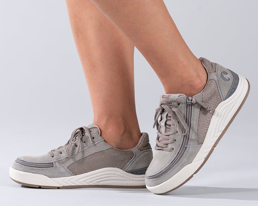 Women's Charcoal Suede/Mesh BILLY Comfort Classic Lows, zipper shoes, like velcro, that are adaptive, accessible, inclusive and use universal design to accommodate an afo. Footwear is medium and wide width, M, D and EEE, are comfortable, and come in toddler, kids, mens, and womens sizing.