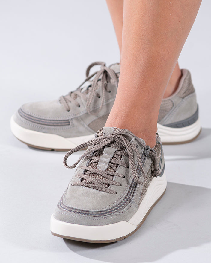 Women's Charcoal Suede/Mesh BILLY Comfort Classic Lows, zipper shoes, like velcro, that are adaptive, accessible, inclusive and use universal design to accommodate an afo. Footwear is medium and wide width, M, D and EEE, are comfortable, and come in toddler, kids, mens, and womens sizing.
