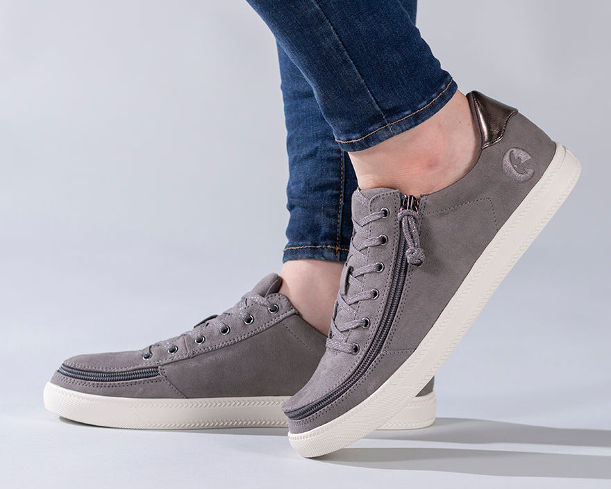 Women's Charcoal BILLY Classic Lace Lows, zipper shoes, like velcro, that are adaptive, accessible, inclusive and use universal design to accommodate an afo. Footwear is medium and wide width, M, D and EEE, are comfortable, and come in toddler, kids, mens, and womens sizing.