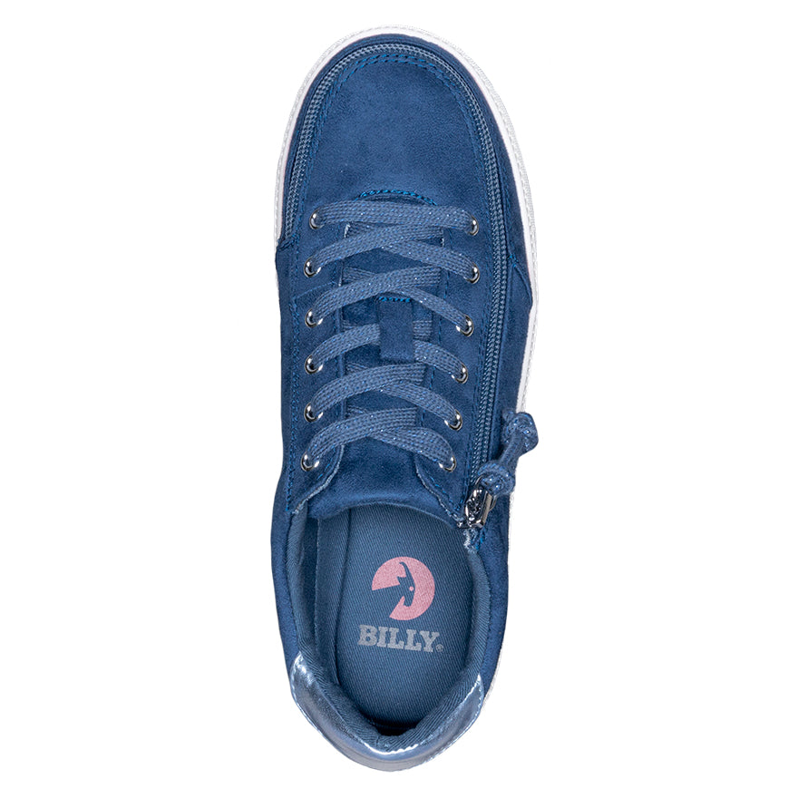 Women's Steel Blue BILLY Classic Lace Lows, zipper shoes, like velcro, that are adaptive, accessible, inclusive and use universal design to accommodate an afo. Footwear is medium and wide width, M, D and EEE, are comfortable, and come in toddler, kids, mens, and womens sizing.