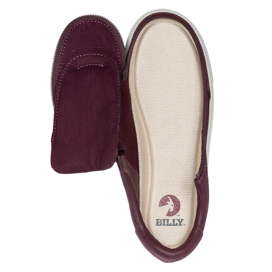 Women's Burgundy BILLY Sneaker Lows, zipper shoes, like velcro, that are adaptive, accessible, inclusive and use universal design to accommodate an afo. Footwear is medium and wide width, M, D and EEE, are comfortable, and come in toddler, kids, mens, and womens sizing.