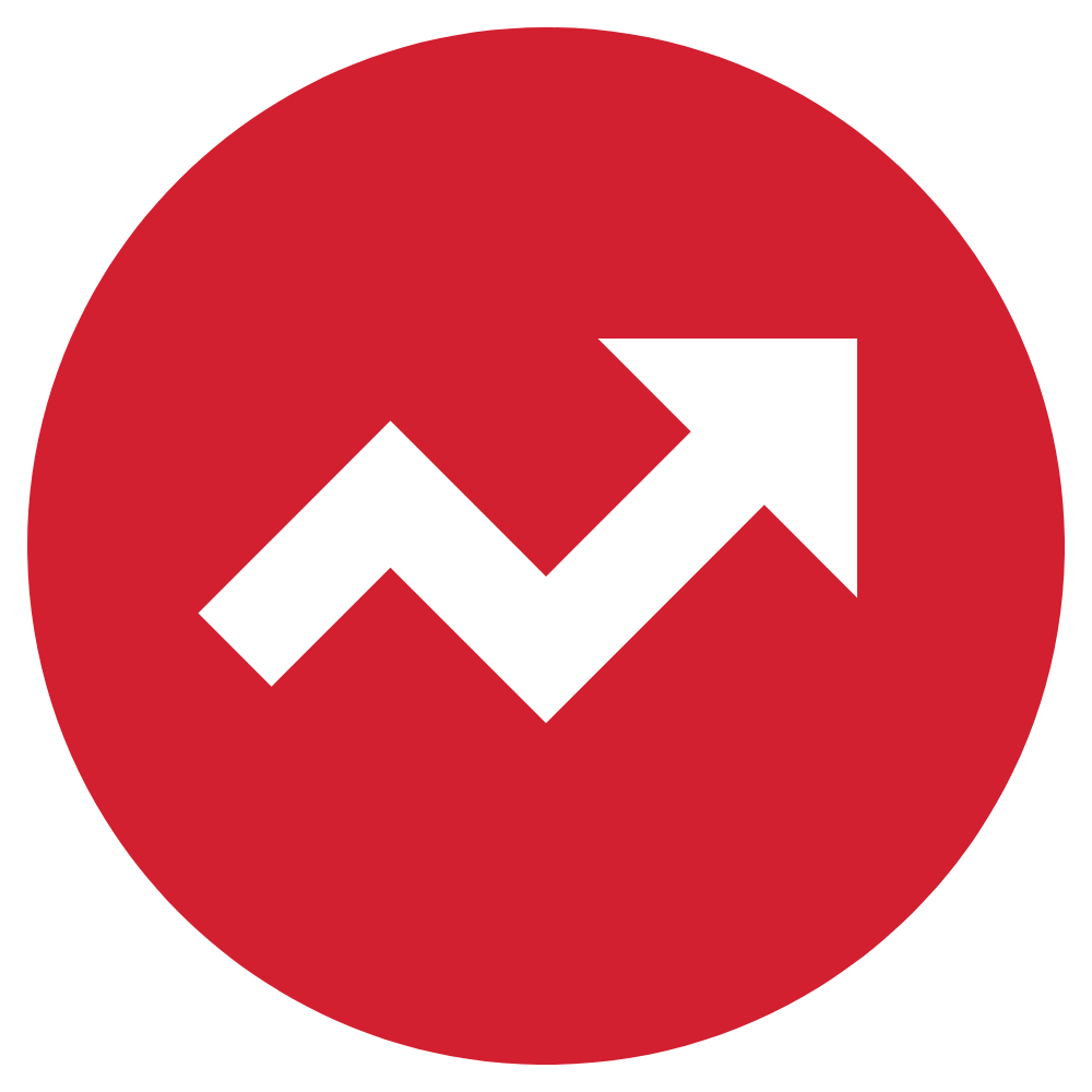 A white upward trending arrow on a red circle background, representing growth or increase.