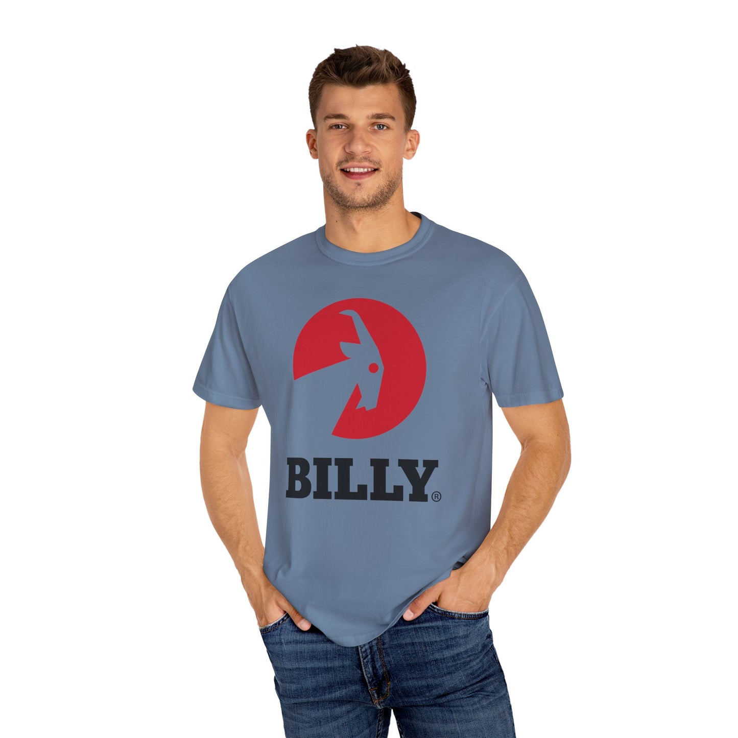 BILLY Unisex Garment-Dyed T-Shirt (Black/Red Vertical Logo)
