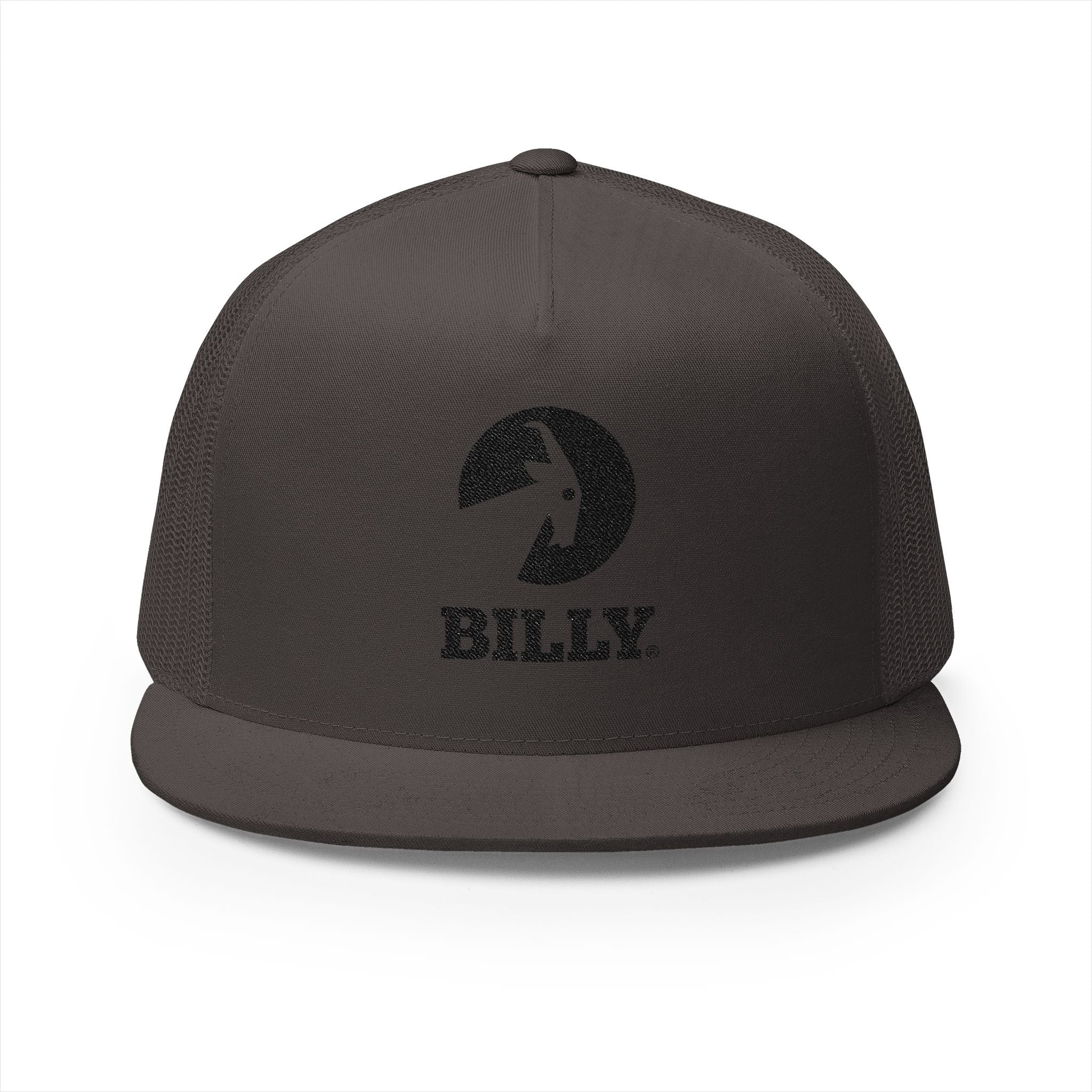 BILLY 5 Panel Flat Bill Trucker Cap (Black Vertical Logo - Embroidery) — AVAILABLE IN 10 COLORS