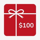$100 gift card image. Red square, white bow, white lettering.