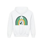 White hoodie with a rainbow and clover design on a white background