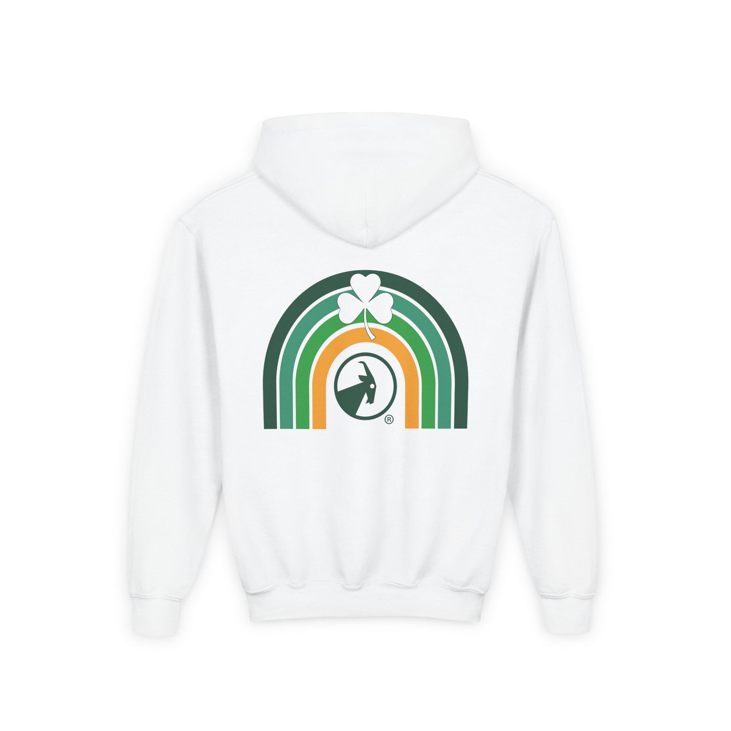 White hoodie with a rainbow and clover design on a white background