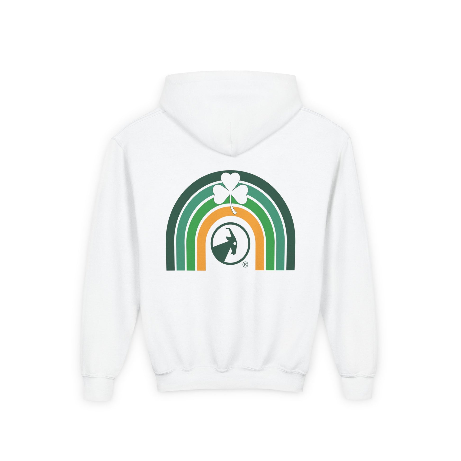 White hoodie with a rainbow and clover design on a white background