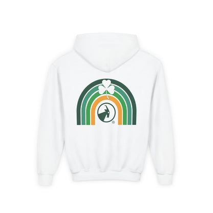 White hoodie with a rainbow and clover design on a white background