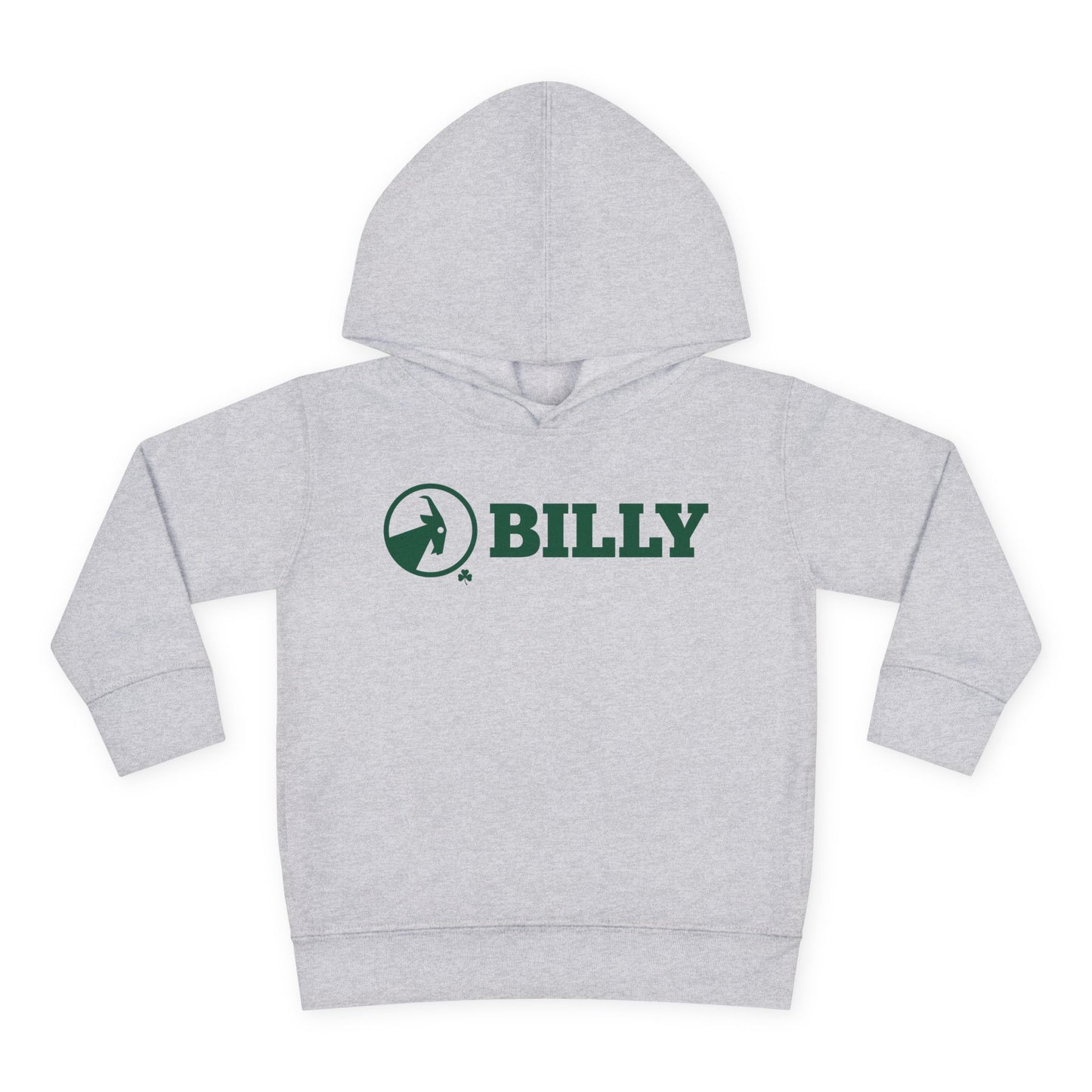Grey hoodie with green 'BILLY' logo on a white background