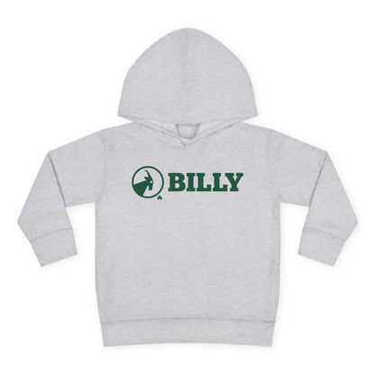 Grey hoodie with green 'BILLY' logo on a white background