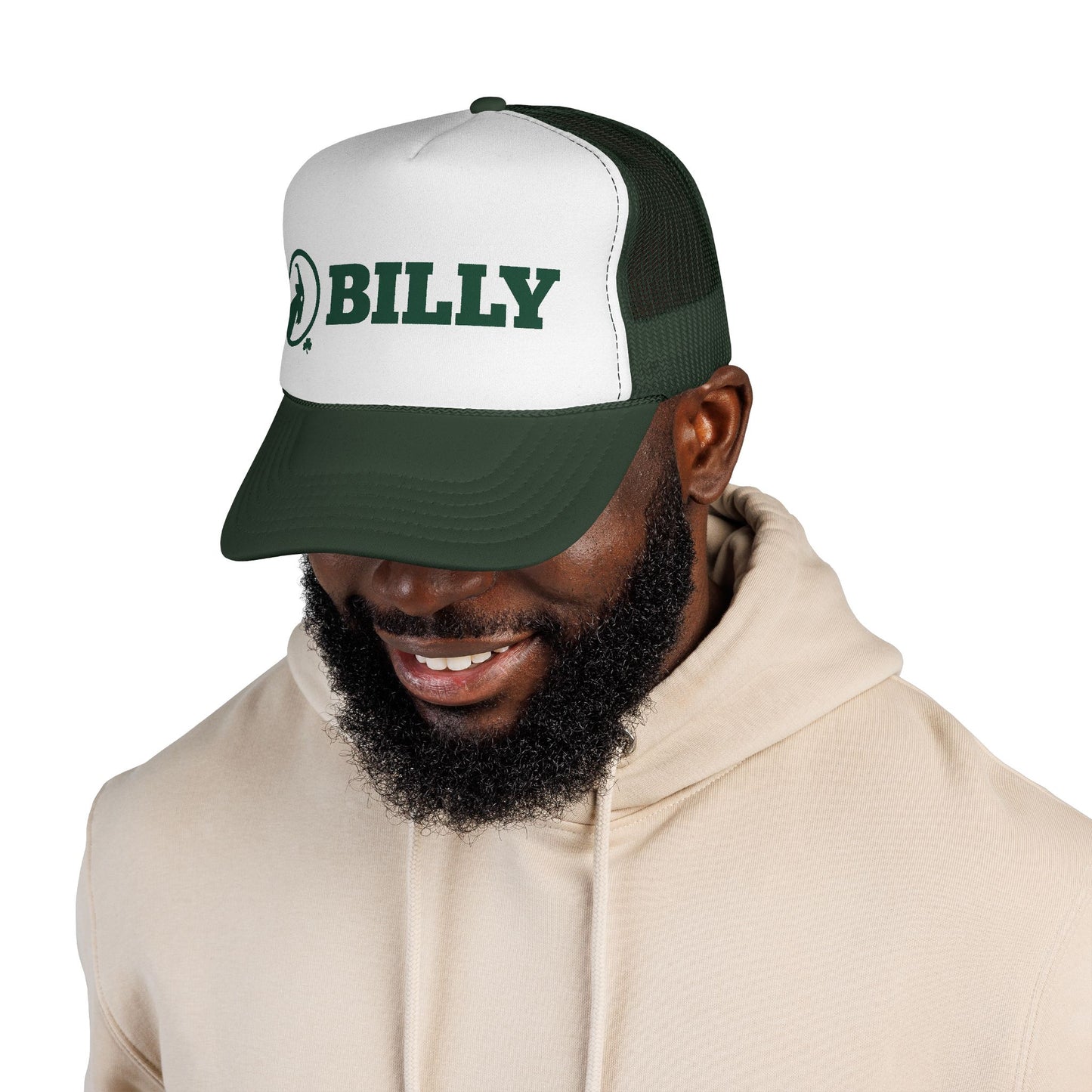 Man wearing a green cap with 'BILLY' on a white background