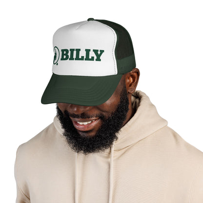 Man wearing a green cap with 'BILLY' on a white background