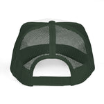 Back view. Trucker hat with a rainbow and clover design on a white background