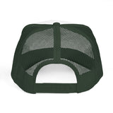 Back view. Trucker hat with a rainbow and clover design on a white background