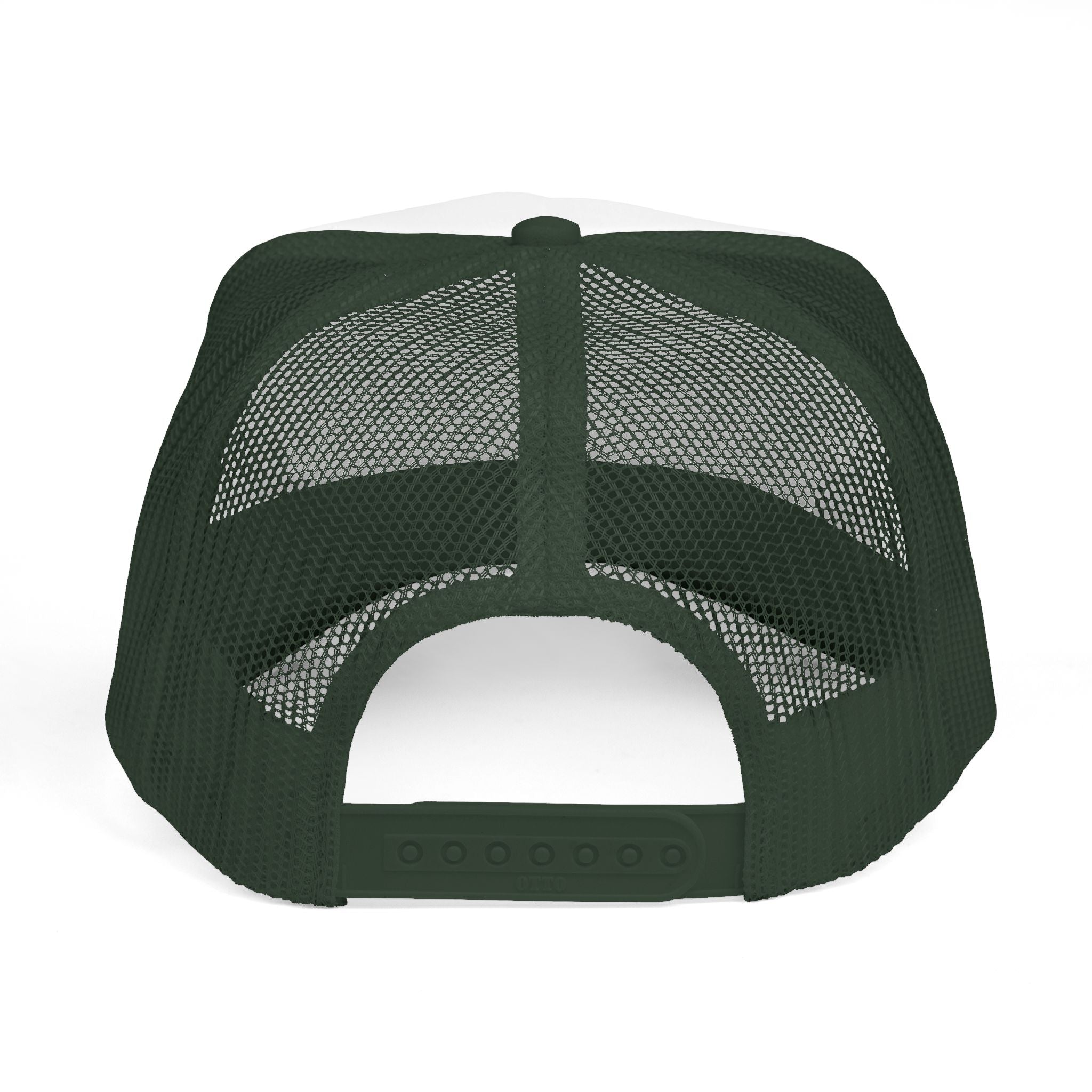 Back view. Trucker hat with a rainbow and clover design on a white background