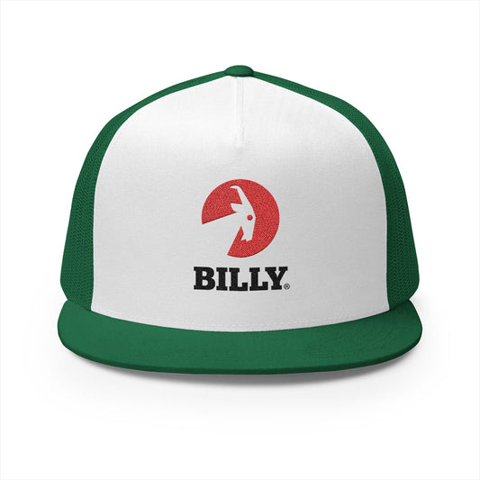 BILLY 5 Panel Flat Bill Trucker Cap (Red/Black Vertical Logo - Embroidery) — AVAILABLE IN 12 COLORS