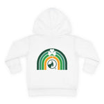 White hoodie with a rainbow and clover design on a white background