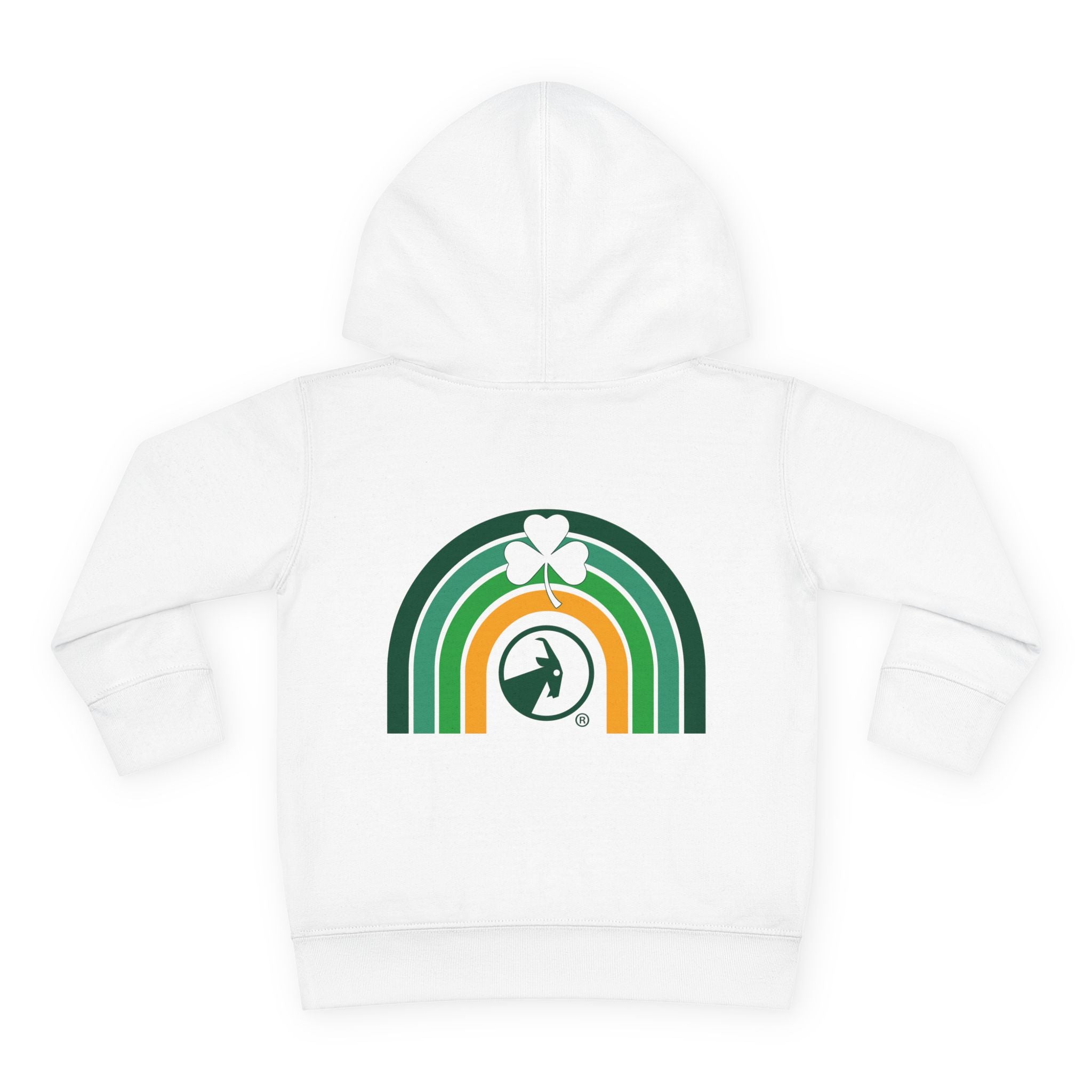 White hoodie with a rainbow and clover design on a white background