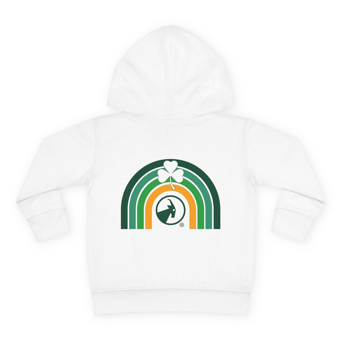 White hoodie with a rainbow and clover design on a white background