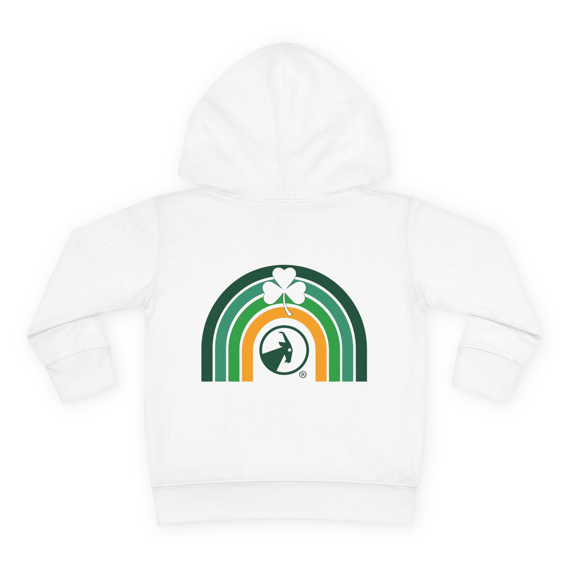 White hoodie with a rainbow and clover design on a white background