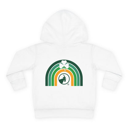 White hoodie with a rainbow and clover design on a white background