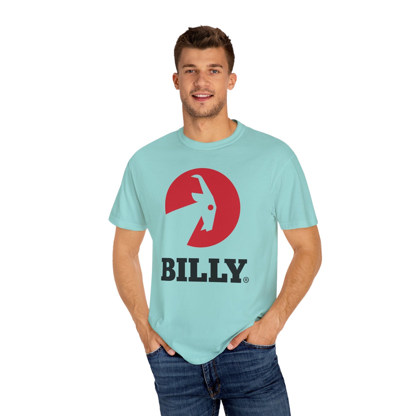 BILLY Unisex Garment-Dyed T-Shirt (Black/Red Vertical Logo)