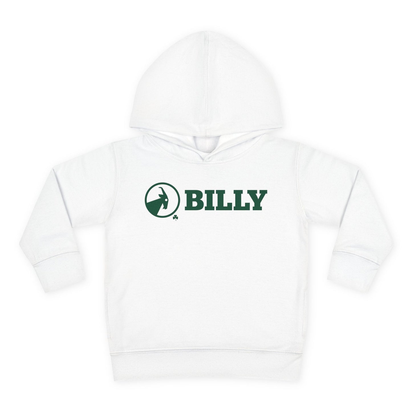 White hoodie with green 'BILLY' logo on a white background