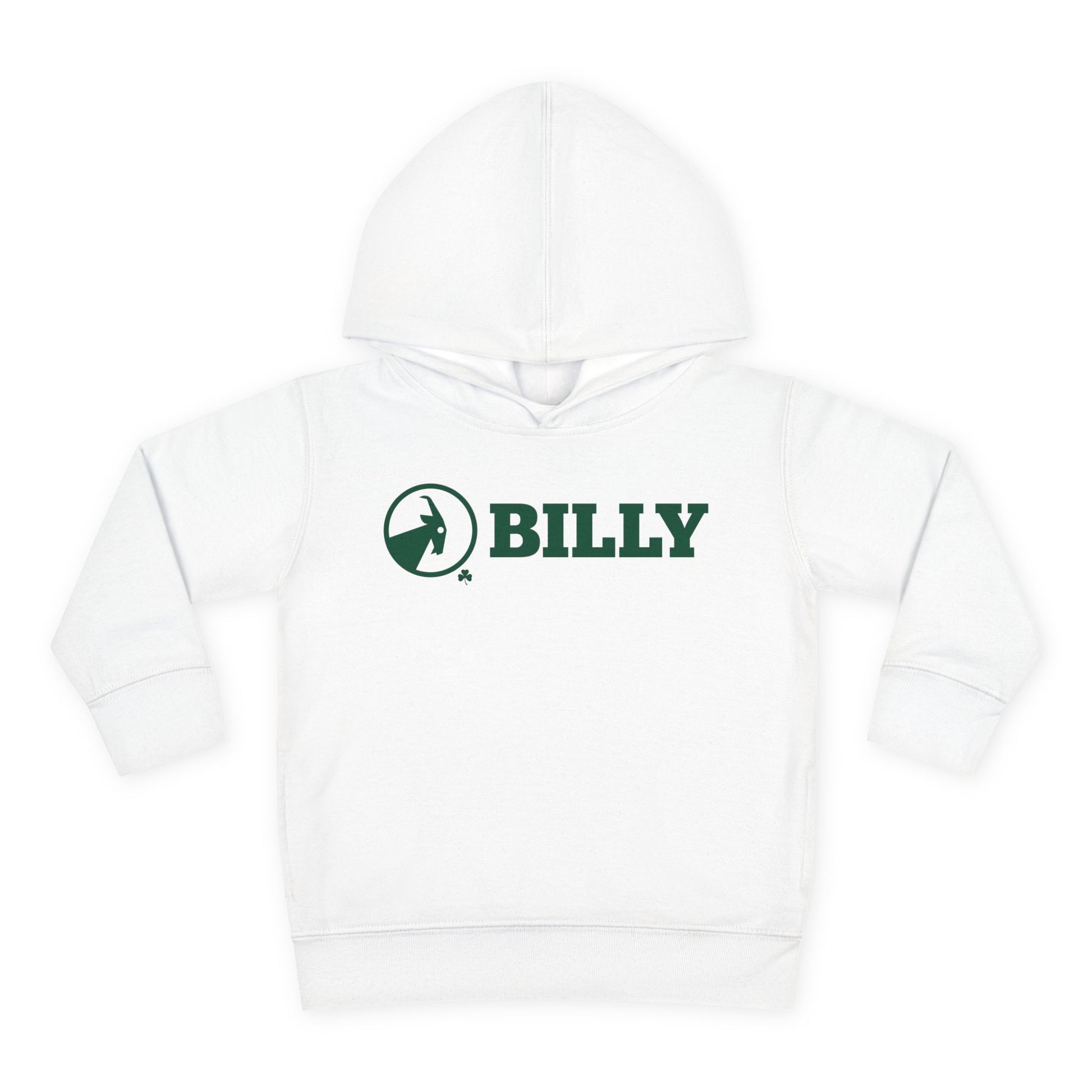 White hoodie with green 'BILLY' logo on a white background