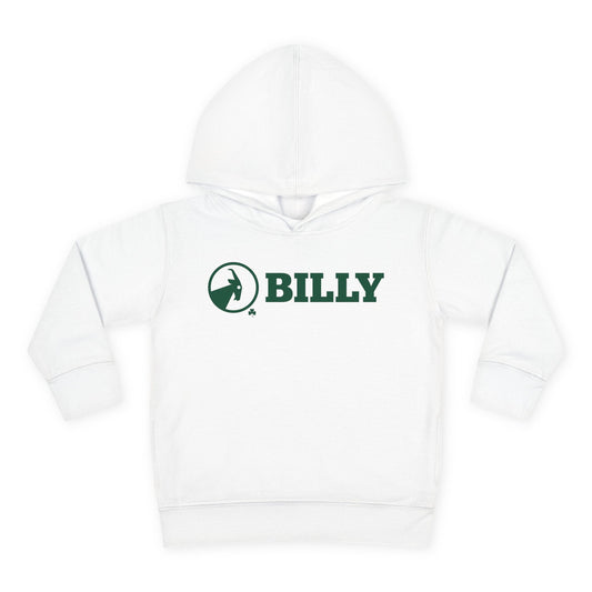 White hoodie with green 'BILLY' logo on a white background