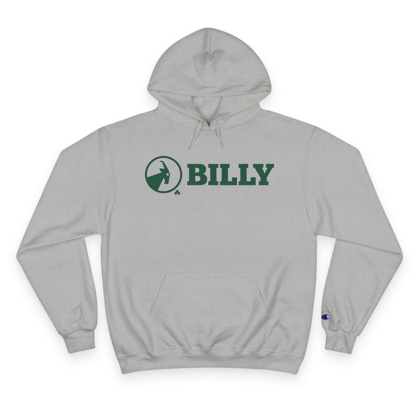 Grey hoodie with green 'BILLY' logo on a white background