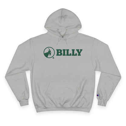 Grey hoodie with green 'BILLY' logo on a white background