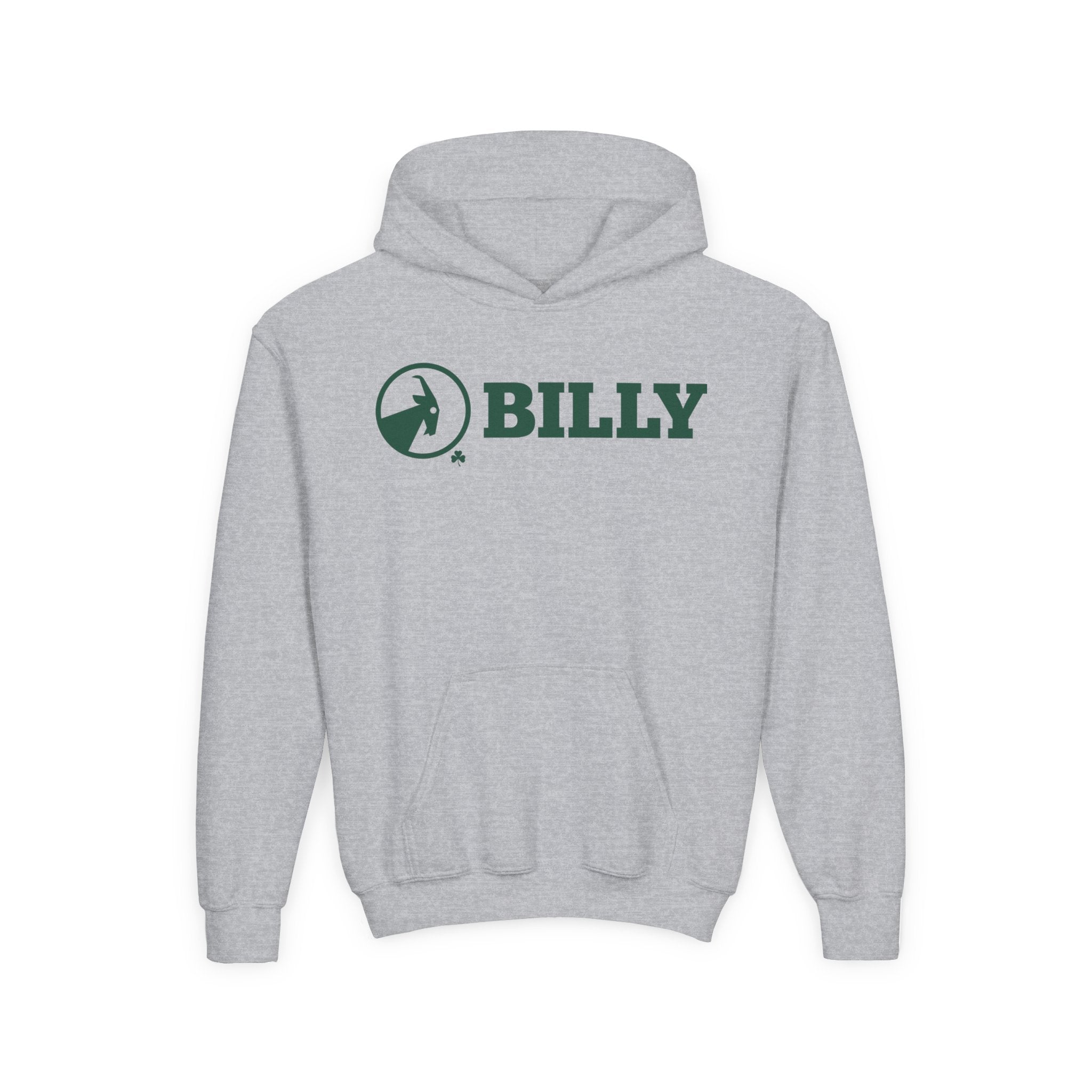 Grey hoodie with green 'BILLY' logo on a white background