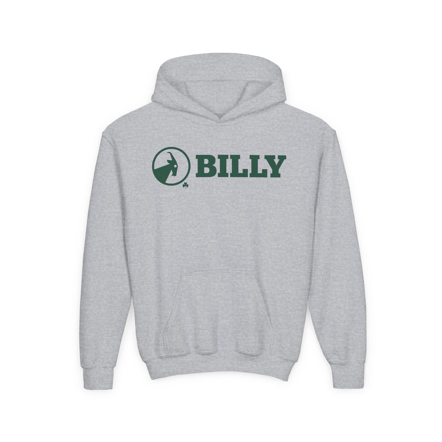 Grey hoodie with green 'BILLY' logo on a white background