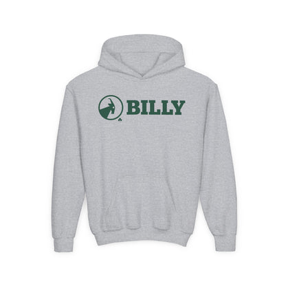 Grey hoodie with green 'BILLY' logo on a white background