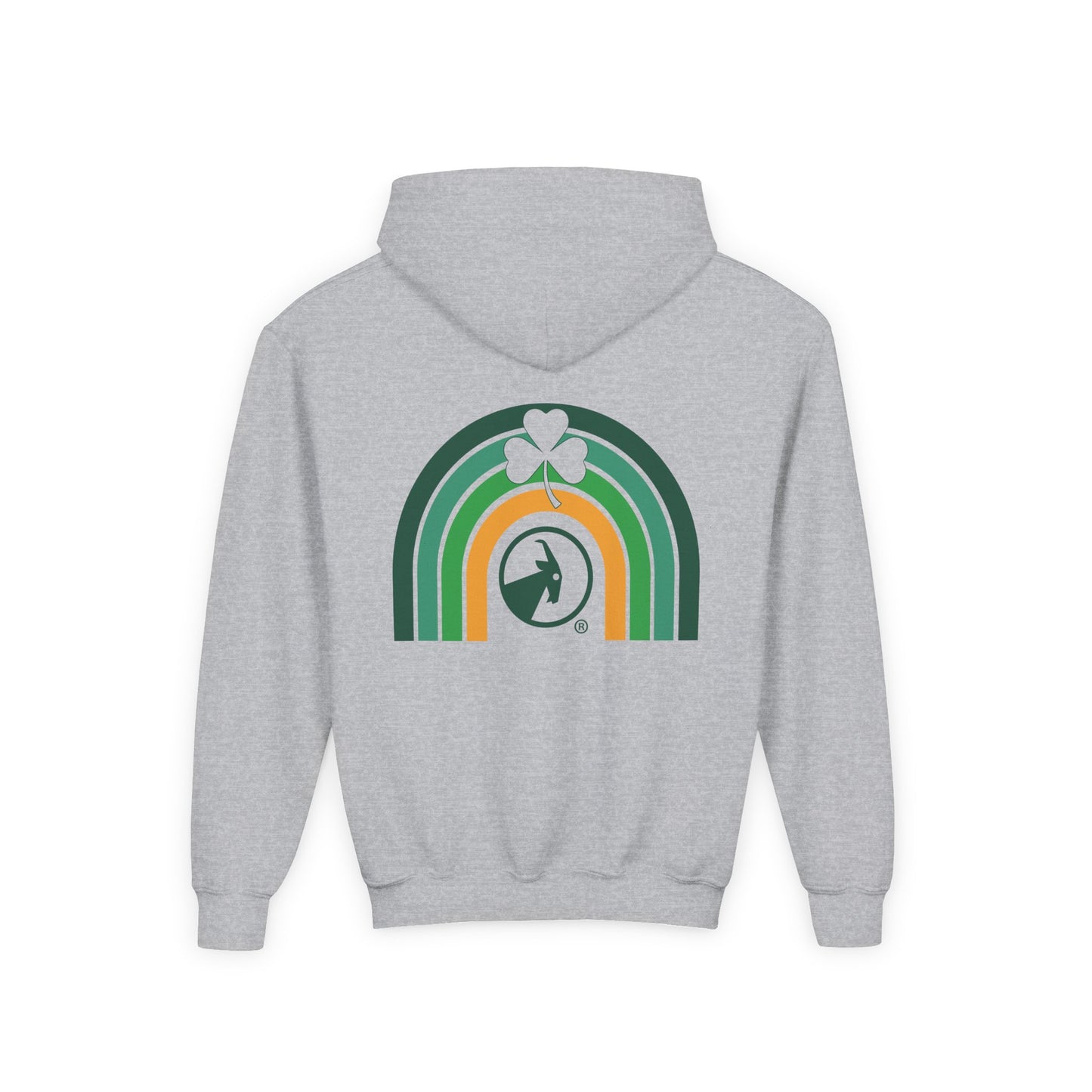 Gray hoodie with a rainbow and clover design on the back against a white background