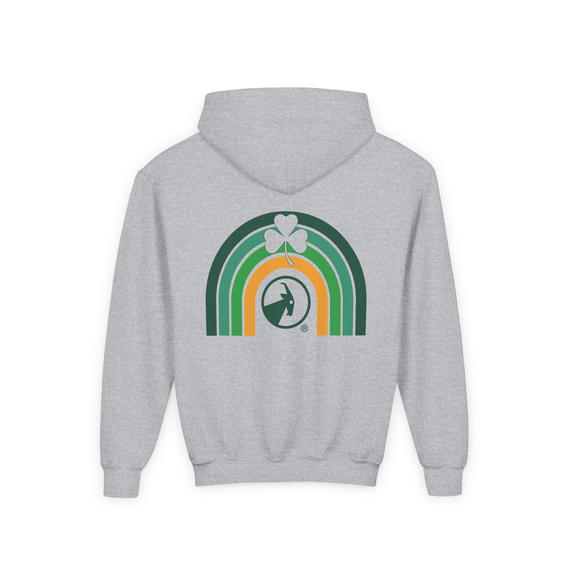 Gray hoodie with a rainbow and clover design on the back against a white background