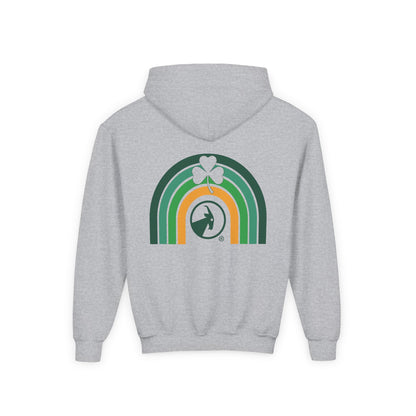 Gray hoodie with a rainbow and clover design on the back against a white background
