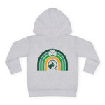 Grey hoodie with rainbow and clover design on a white background