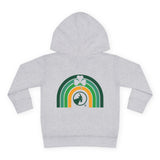 Grey hoodie with rainbow and clover design on a white background