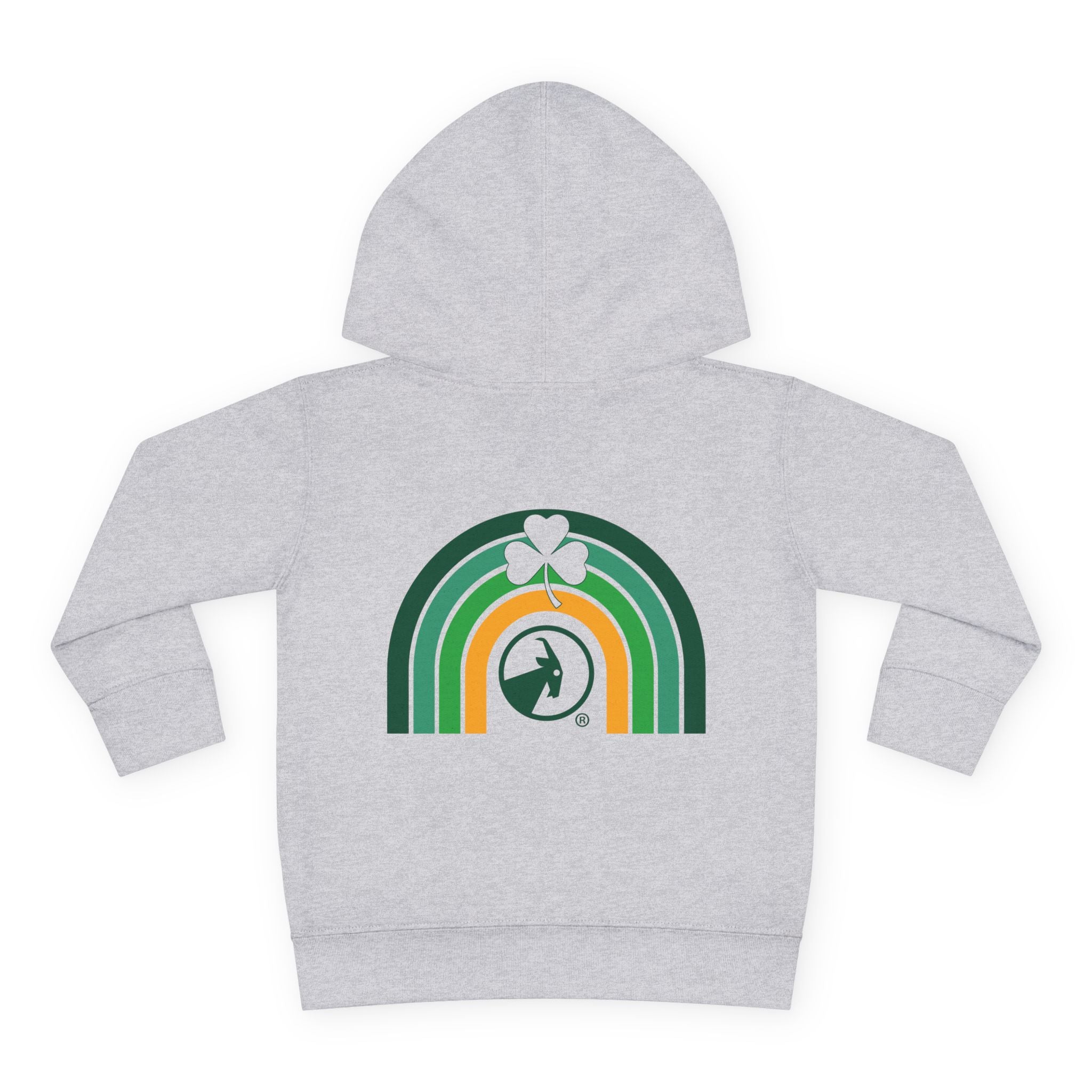 Grey hoodie with rainbow and clover design on a white background