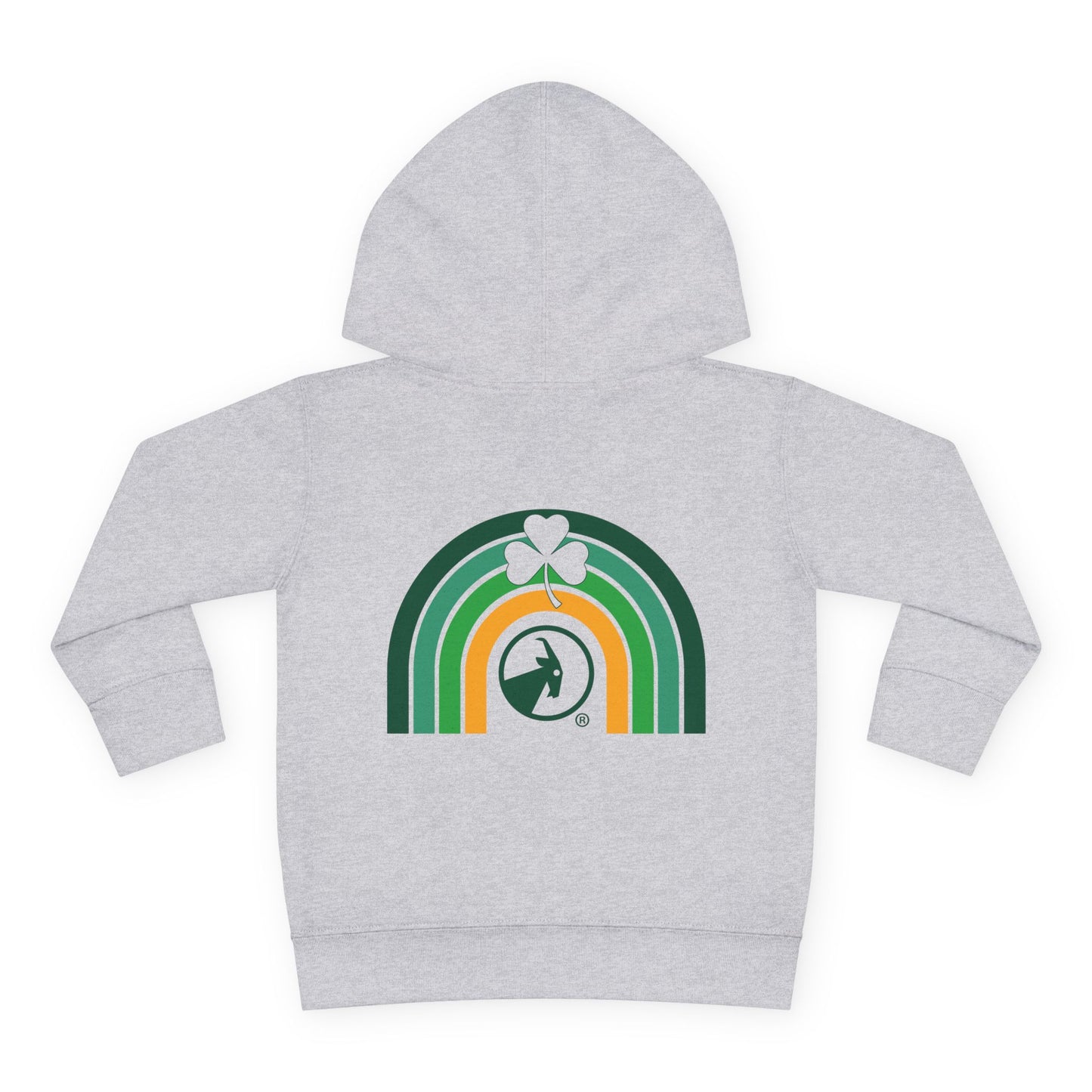 Grey hoodie with rainbow and clover design on a white background