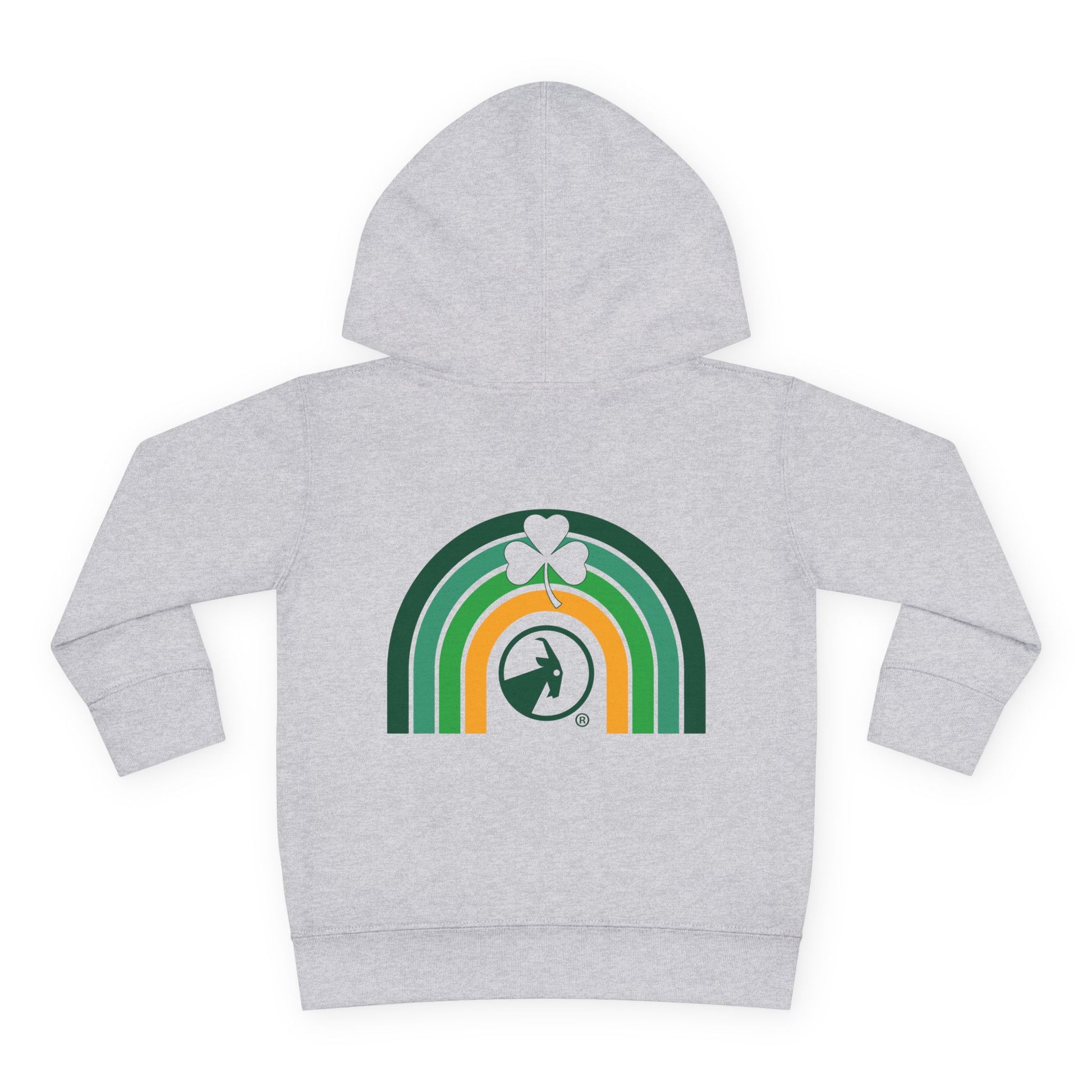 Grey hoodie with rainbow and clover design on a white background