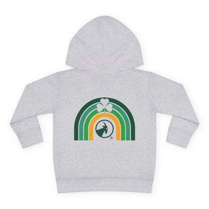 Grey hoodie with rainbow and clover design on a white background