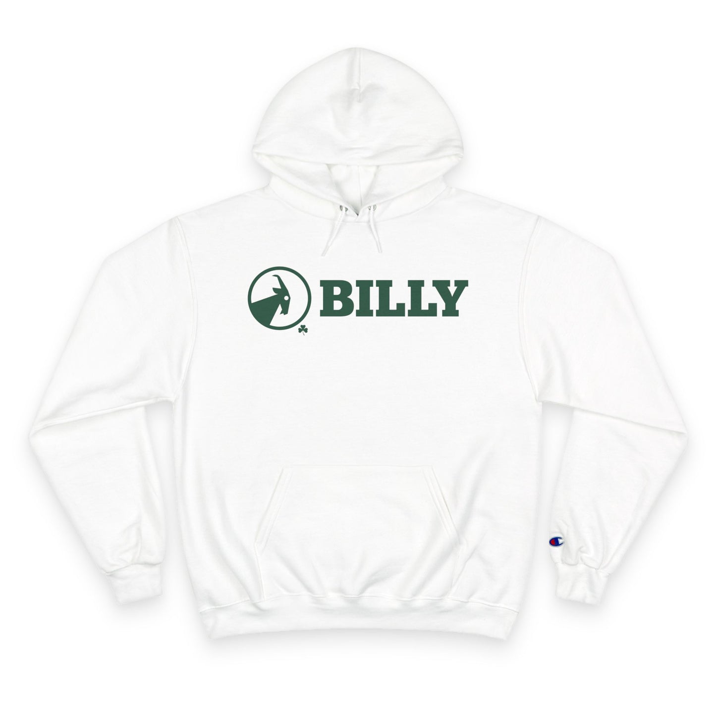 White hoodie with green 'BILLY' logo on a white background
