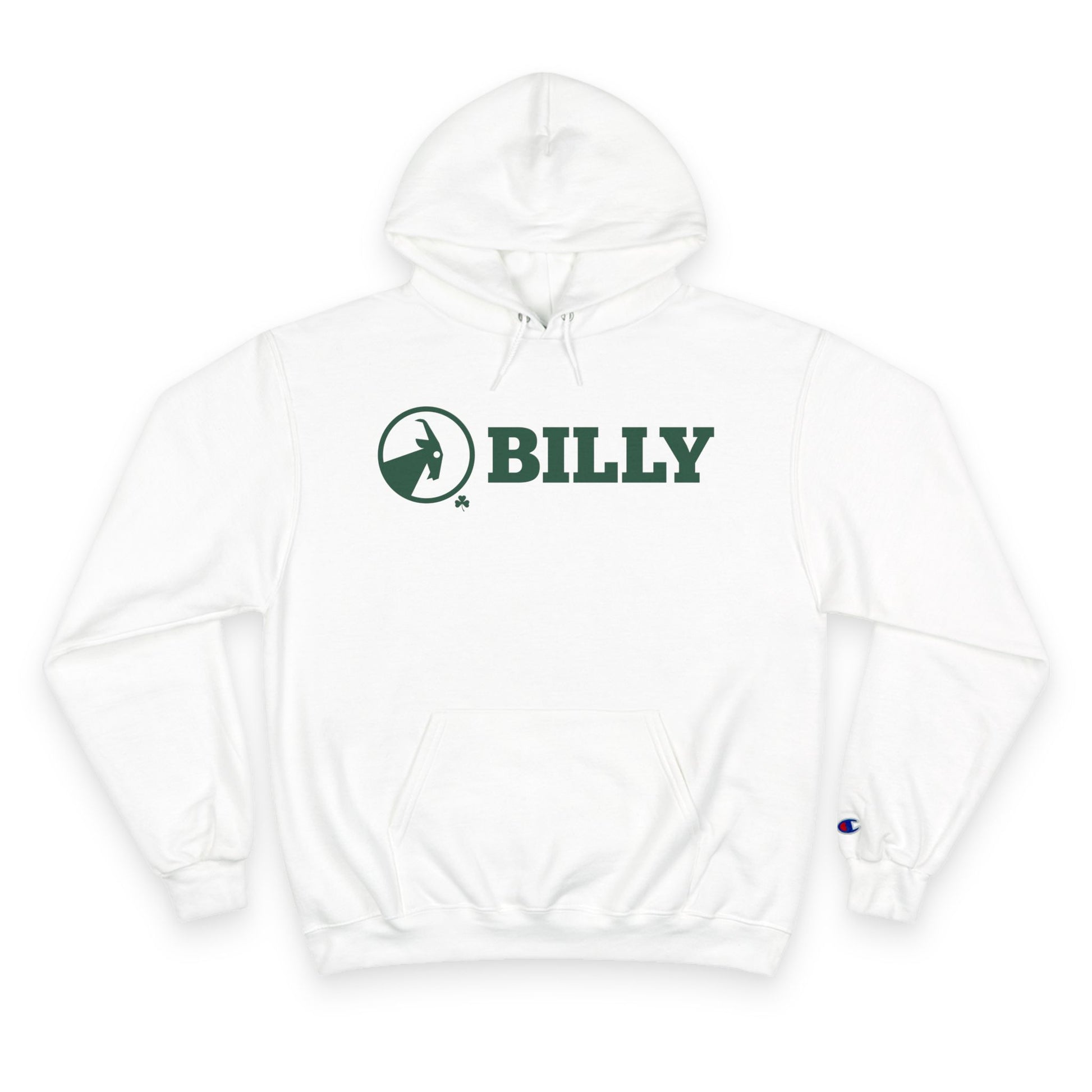 White hoodie with green 'BILLY' logo on a white background
