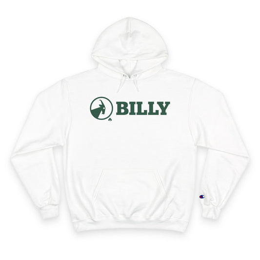 White hoodie with green 'BILLY' logo on a white background