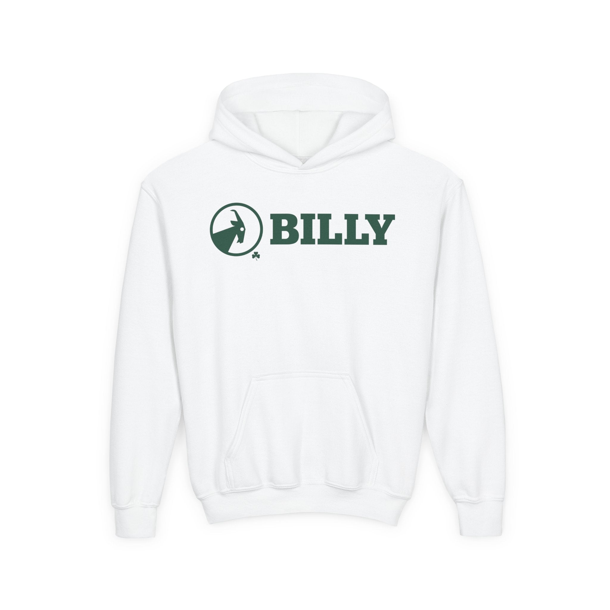 White hoodie with green 'BILLY' logo on a white background