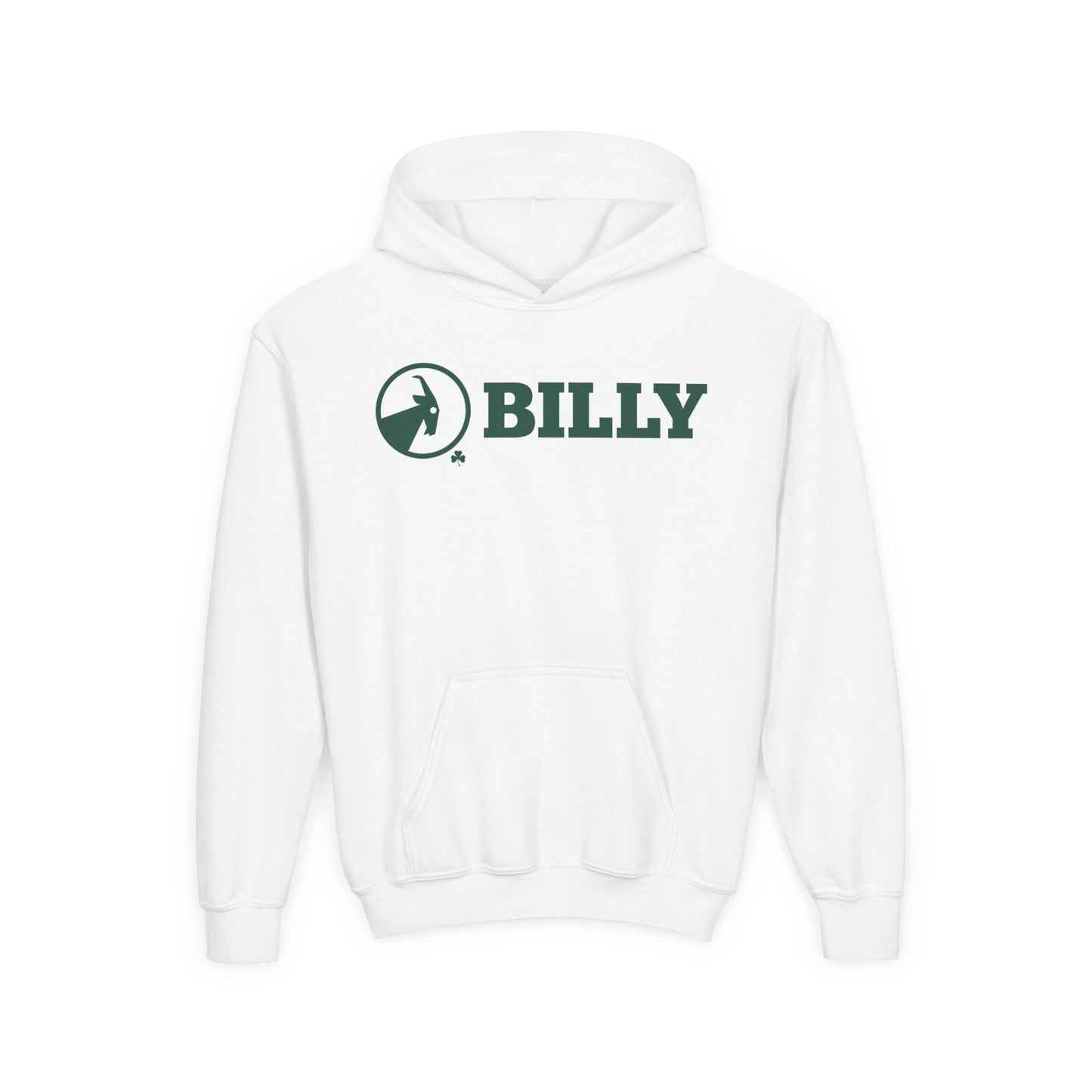 White hoodie with green 'BILLY' logo on a white background